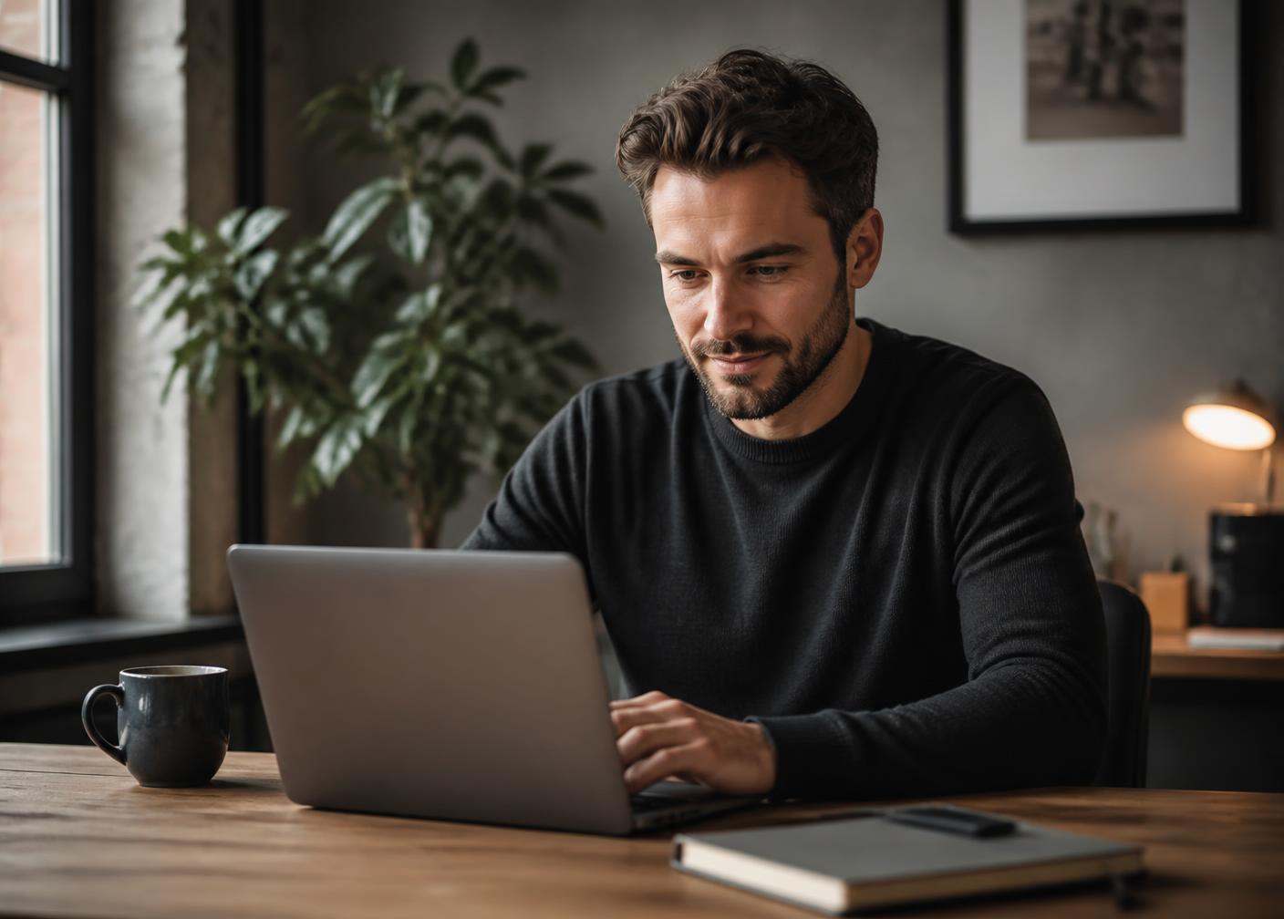 Solo consultant working at a laptop in a clean home office